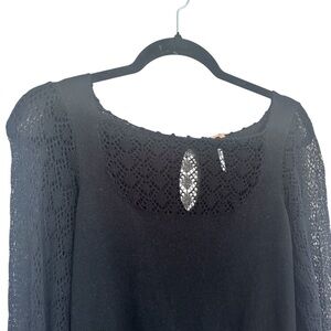Free People Black Knit Lace Long Sleeve Top with Keyhole Back